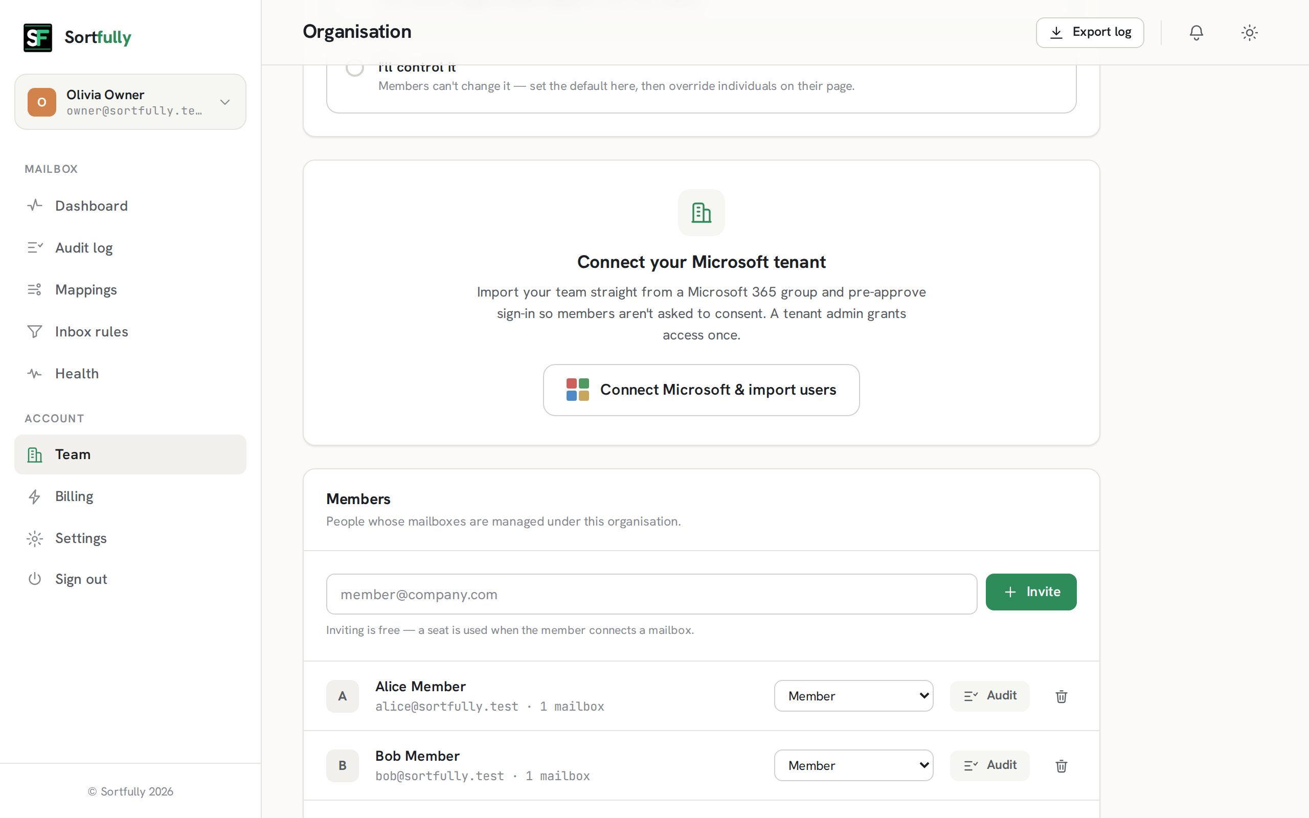 Sortfully organisation screen with seats, members, roles and Microsoft 365 tenant sync